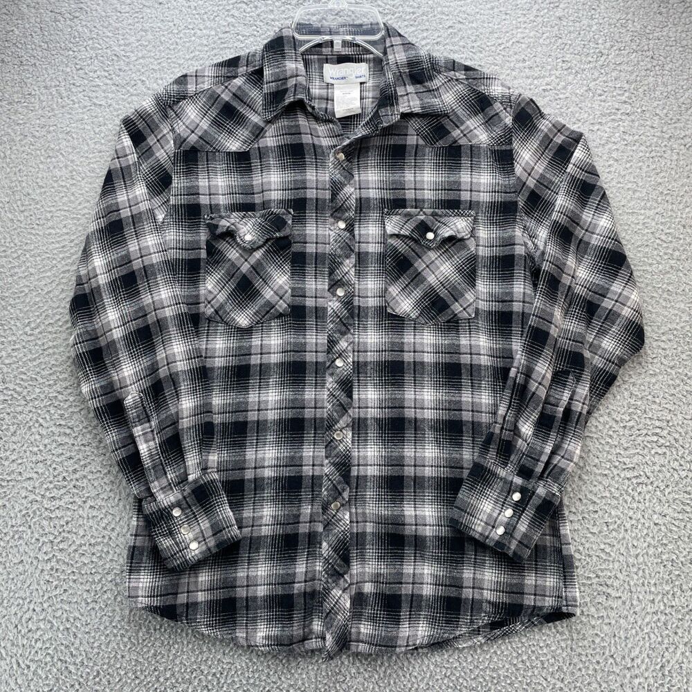Wrangler Wrancher Shirt Mens Medium Flannel Plaid Pearl Snap Pockets Western